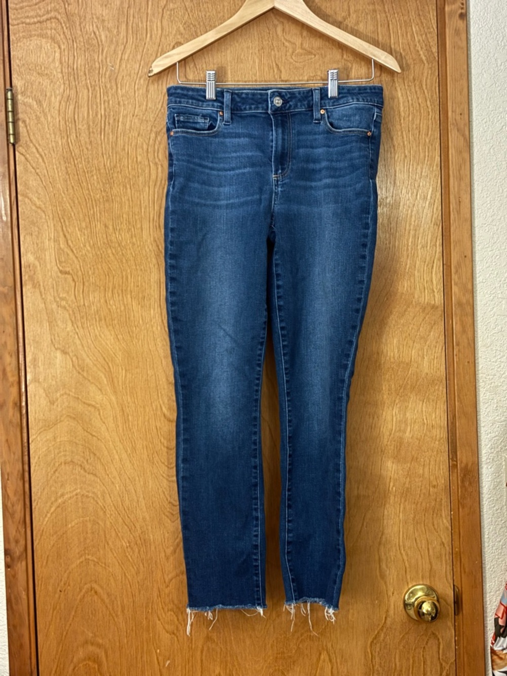 PAIGE Mid-Rise Dark Blue Frayed Hem Skinny Jeans